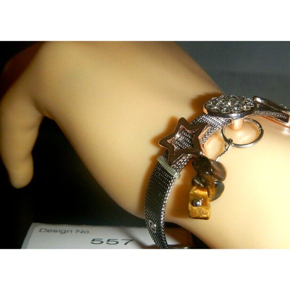 Tiger Eye Gemstone- Stainless Steel Mesh Keeper Bracelet-Band-Slide Charms-557 - Picture 4 of 5